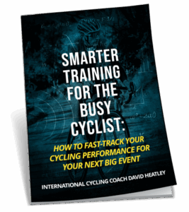 Book cover titled Smarter Training for the Busy Cyclist by David Heatley, featuring a cyclist silhouette and mathematical notations on a dark blue background. The subtitle highlights fast-tracking cycling performance with insights from online cycle coaching.