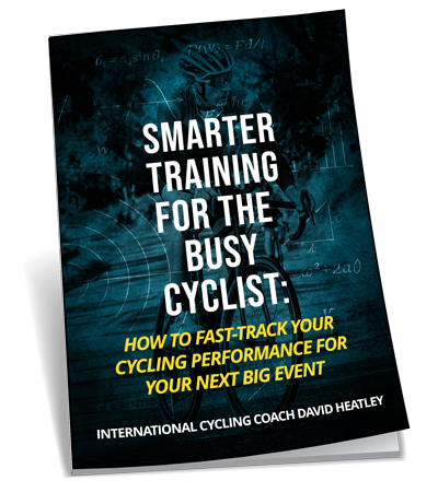Book cover titled Smarter Training for the Busy Cyclist by David Heatley, featuring a cyclist silhouette and mathematical notations on a dark blue background. The subtitle highlights fast-tracking cycling performance with insights from online cycle coaching.