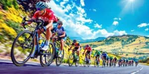 Elite cyclists racing on a scenic road.
